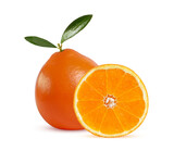 ripe juicy tangerine with green leaflets on a white background