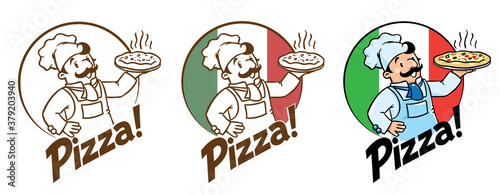 Emblem of funny cook or baker with pizza and logo