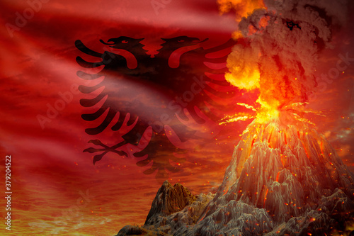volcano blast eruption at night with explosion on Albania flag background  troubles because of eruption and volcanic ash conceptual 3D illustration of nature