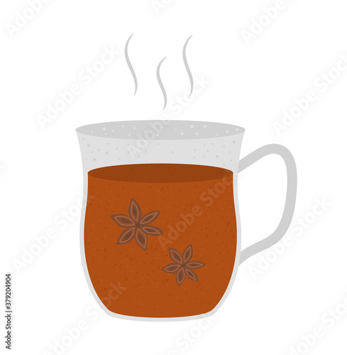 Vector cup with spiced tea and anise. Winter traditional drink illustration. Holiday hot beverage icon isolated on white background..