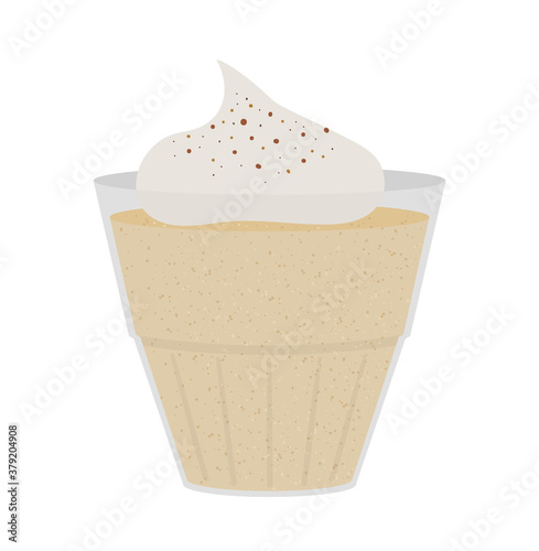 Vector glass with eggnog and whipped cream. Winter traditional drink illustration. Holiday hot beverage icon. Illustration of sweet egg dessert isolated on white background..