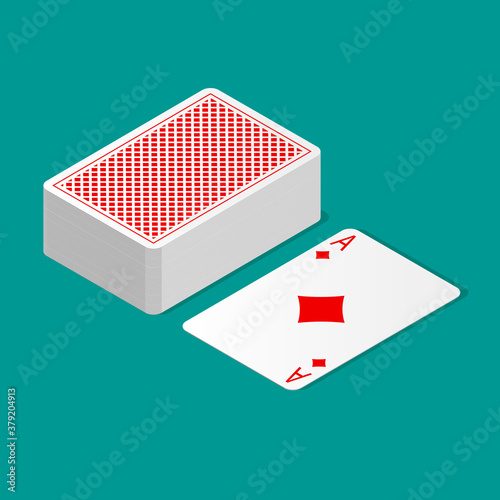 Isometric deck of poker cards upside down and one card suit up. Playing cards with back design. 