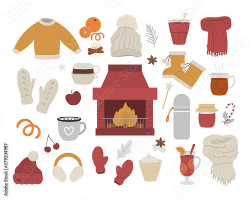 Vector cozy winter set with chimney and fire in the center. Warming objects illustration. Items for cold season. Food, drinks, spices and clothes to warm up isolated on white background..