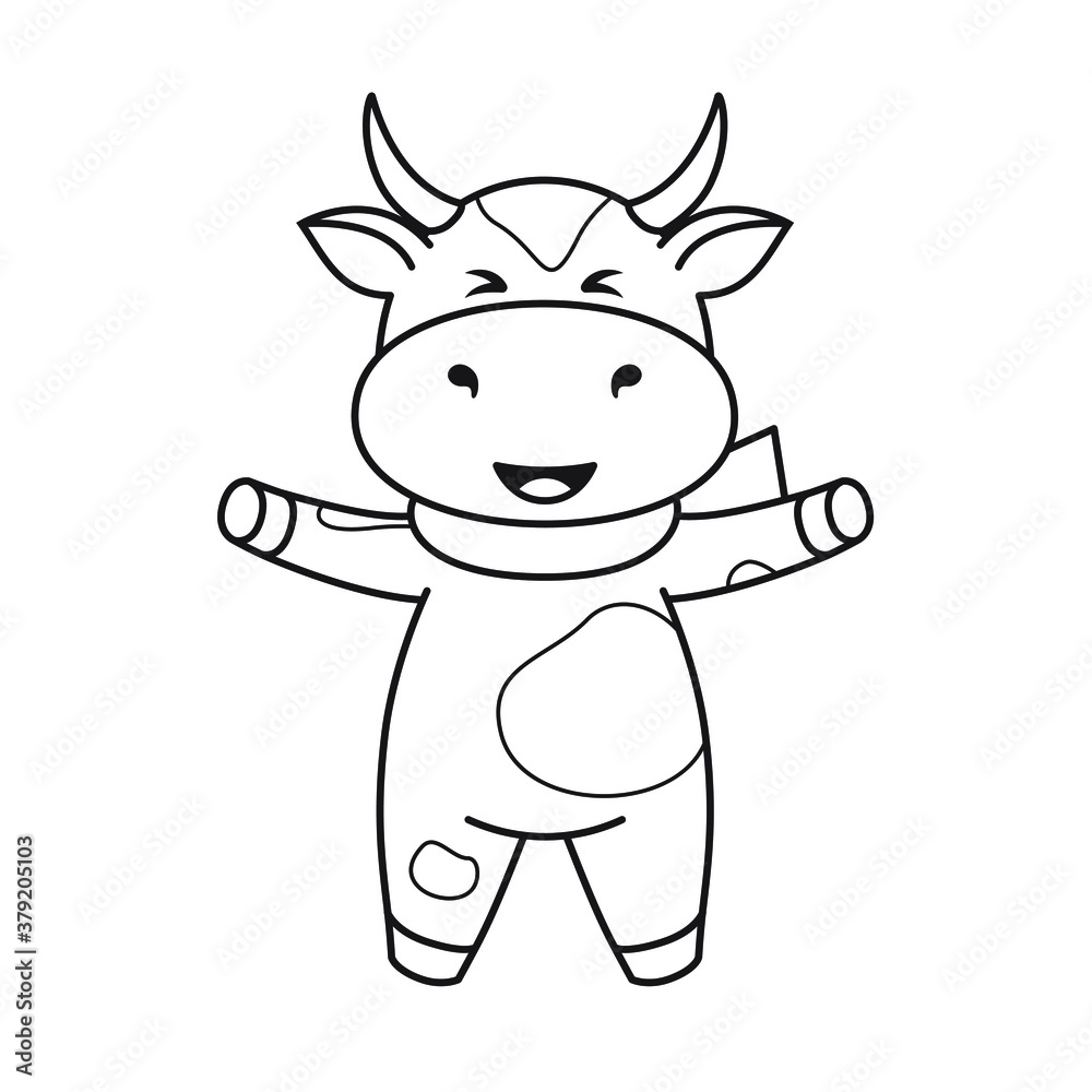 Children's coloring page with cute bulls, cows and oxen. The ox is a symbol of the year 2021 according to the Chinese or Eastern calendar. Ready-to-print vector stock illustration isolated on a white 