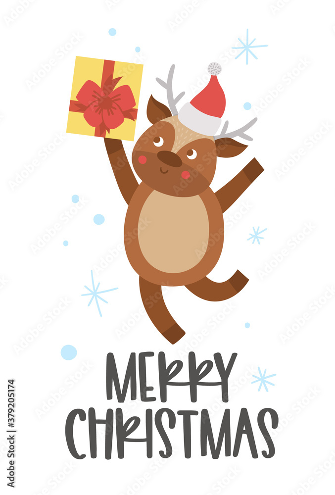 Vector deer in red hat with present and snowflakes. Cute winter animal illustration. Funny Christmas card design. New Year print with smiling character.