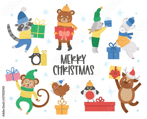 Cute vector animals in hats, scarves and sweaters with presents and snowflakes. Winter set of with gifts. Funny Christmas card designs. New Year print with smiling character.