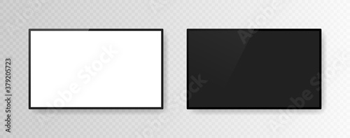 Set of two realistic television screens isolated on transparent background. 3d blank TV led monitor. Vector illustration