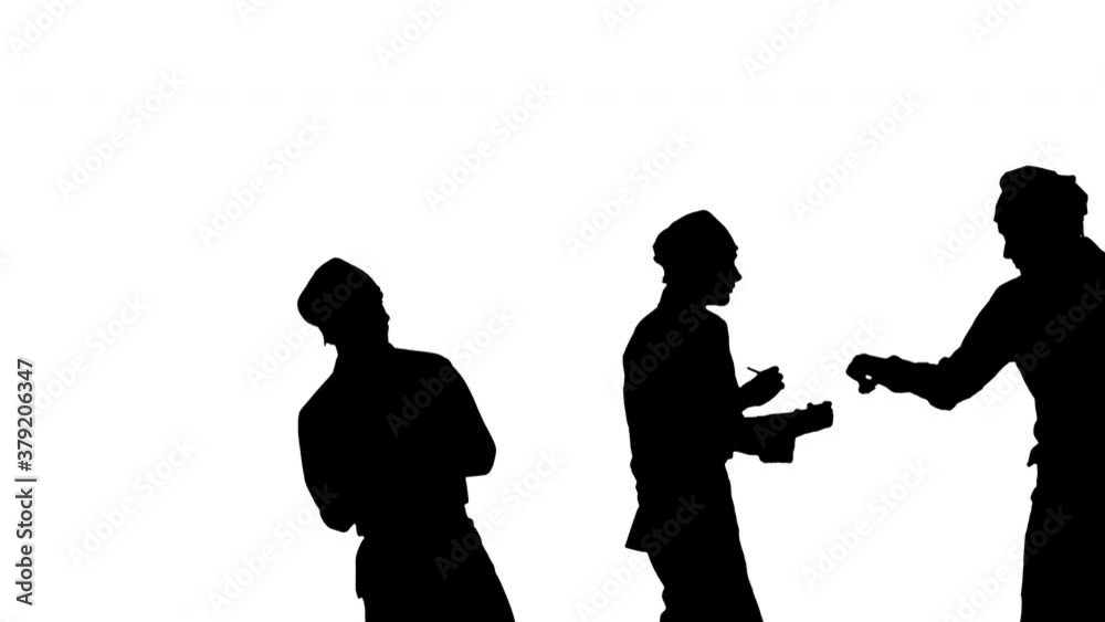 Silhouette Two funny cooks in red uniform following bossy head cook writing down recipes. Silhouette Two funny cooks in red uniform following bossy head cook writing down recipes.
