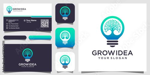 creative Smart bulb lamp combined with tree. logo and business card design .