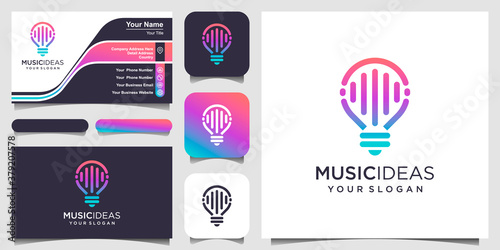 abstract creative bulb lamp with pulse or wave element, logo and business card design .