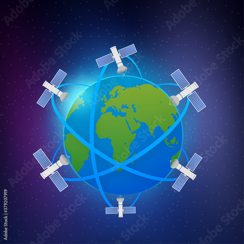 Artificial satellites orbiting the planet Earth. Artificial satellites orbiting the planet Earth, GPS. Vector stock illustration.
