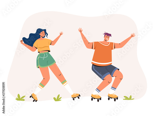 Two people boy girl roller blading concept. Vector flat graphic design illustration