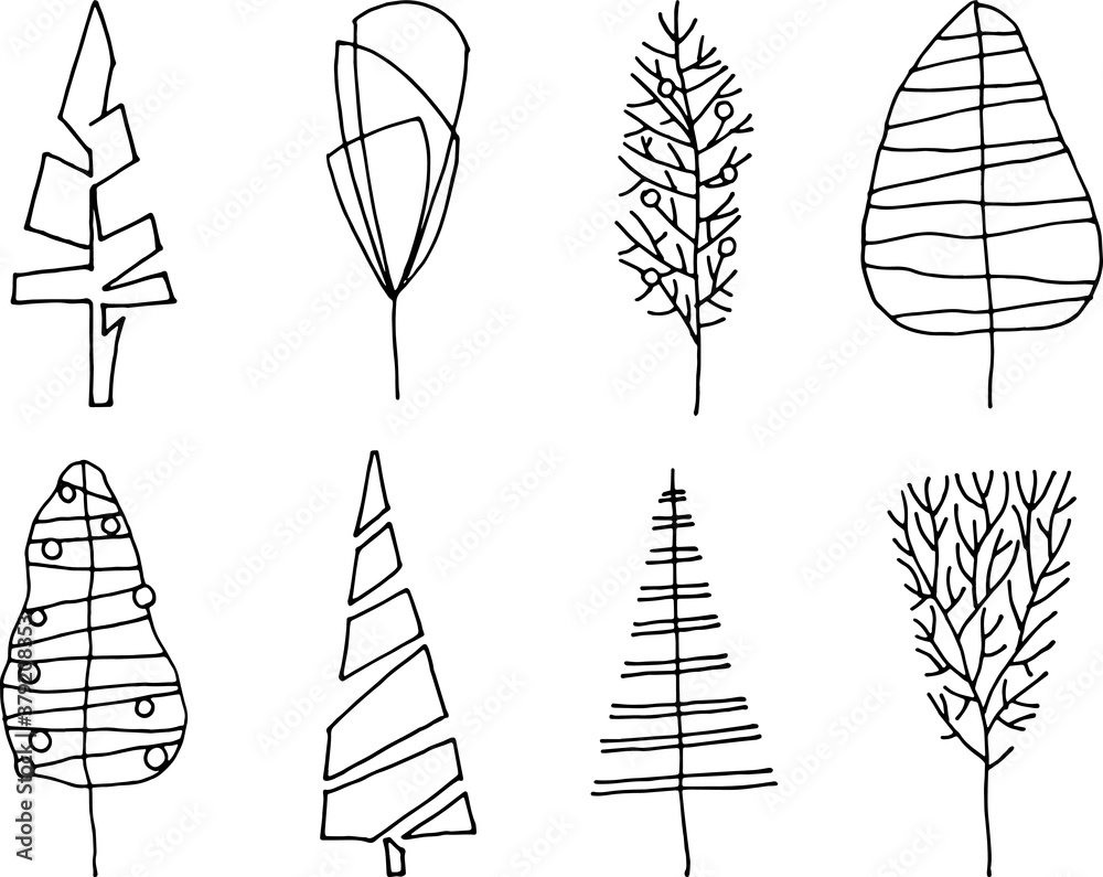 Set of hand drawn christmas trees. Group of vector trees illustrated in ...