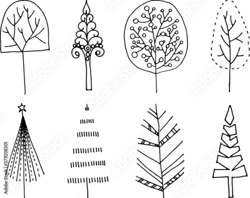 Set of hand drawn christmas trees. Group of vector trees illustrated in black pencil. Trees made with black strokes on a white background.