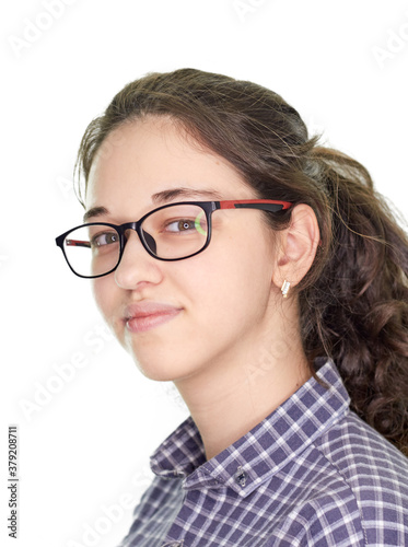 a young girl with glasses and a shirt on a white background, a difficult choice of profession