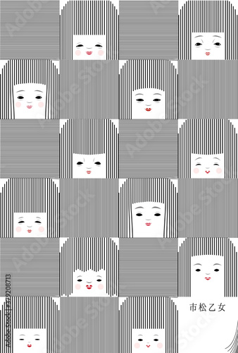 古風な日本の女の子と市松模様のイラスト・ポストカードサイズ