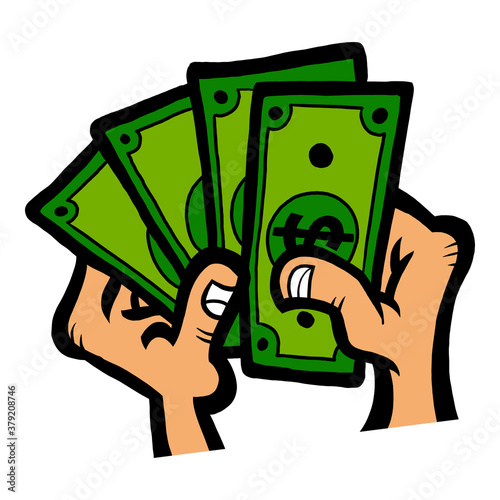 Cartoon hands holding out and counting cash dollar bills