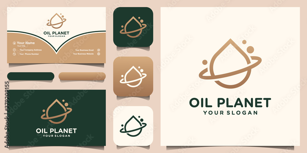 Water drop logo design combined with a planetary ring. oil olive planet. set of logo and business card design