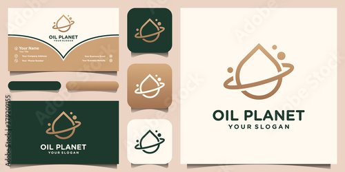 Water drop logo design combined with a planetary ring. oil olive planet. set of logo and business card design