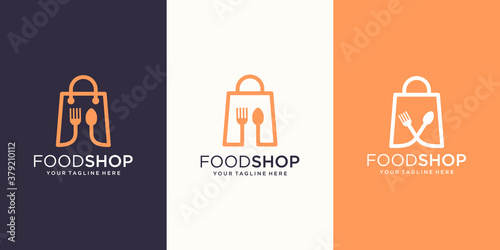 Food Shop Logo designs Template, bag combined with spoon and cutlery.