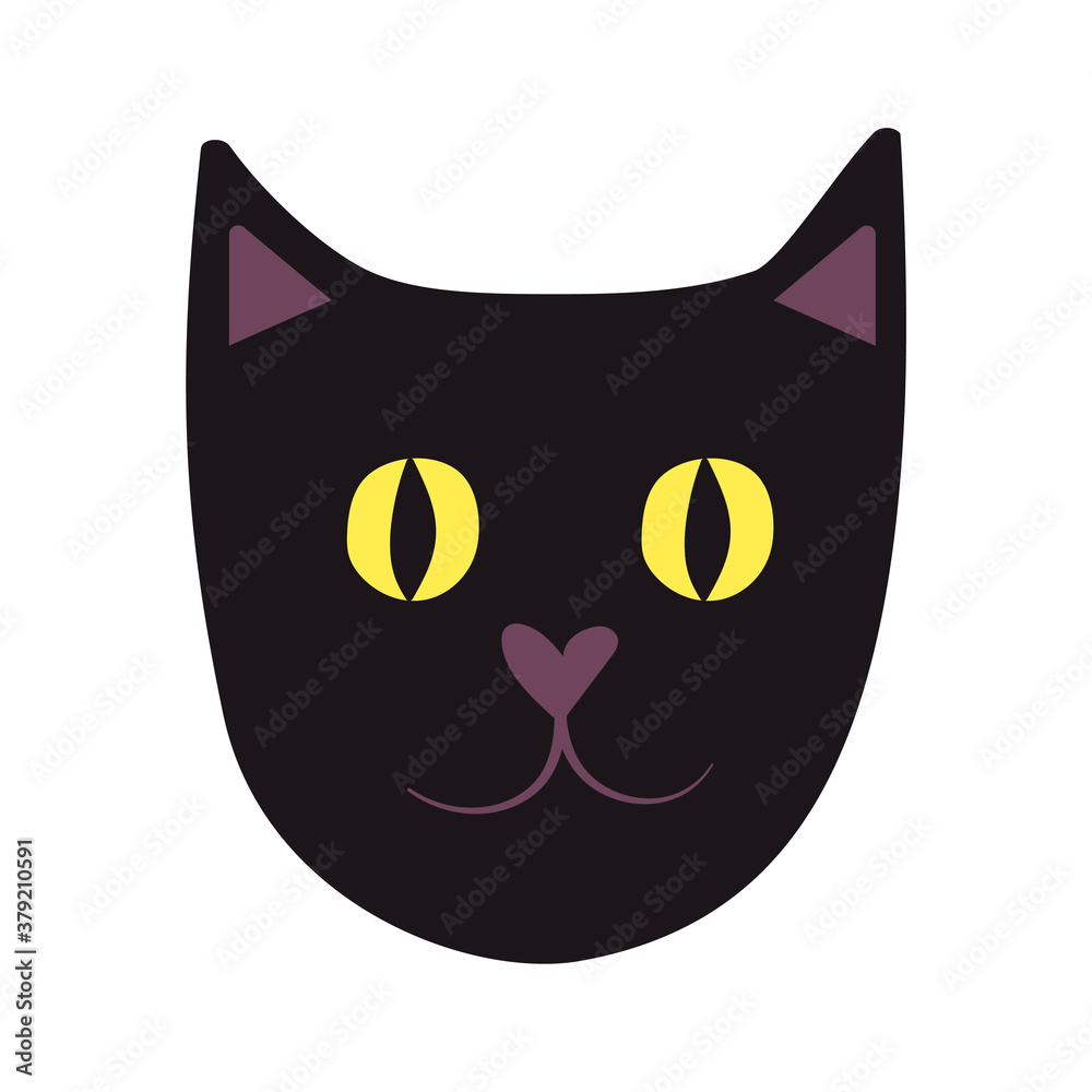 Cute black cat face isolated. Vector design element, black cat haluin icon. Cute and funny animal with green eyes on a white background. Flat cat face for stickers, social media, flyers, banners. Mask