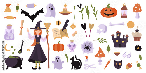 Big vector set of Halloween characters. Scrapbook elements on textured background. Vector illustration with a witch, cauldron, ghosts and pumpkins. Design elements for social media decoration
