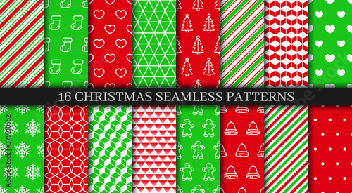 Festive seamless background with holly, bells, snowflakes, candycane lollipop and geometric ornament. Christmas seamless patterns collection. Xmas New year texture. Holiday wrapping paper. Vector