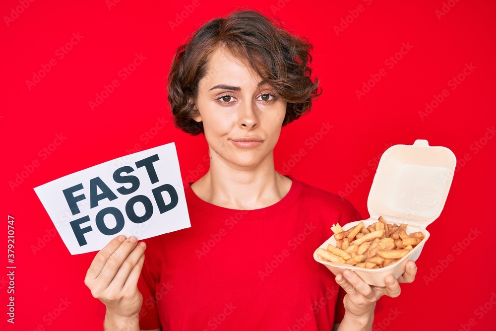 Young hispanic woman holding potato chip and fast food banner skeptic and nervous, frowning upset because of problem. negative person. Young hispanic woman holding potato chip and fast food banner skeptic and nervous, frowning upset because of problem. negative person.