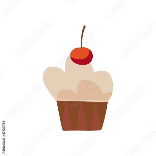 Delicious sweet cake with cherry. Design element from haluin collection. Sticker, logo for bakery, pastry shop, candy store. Delicious muffin with cream and berry in flat style on white isolated
