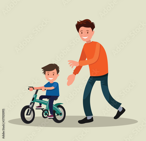 Parenting. The father teaches his son to ride a bicycle. The first bike.