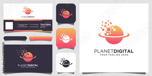 digital planet Logo designs Template. planet combined with pixel sign.