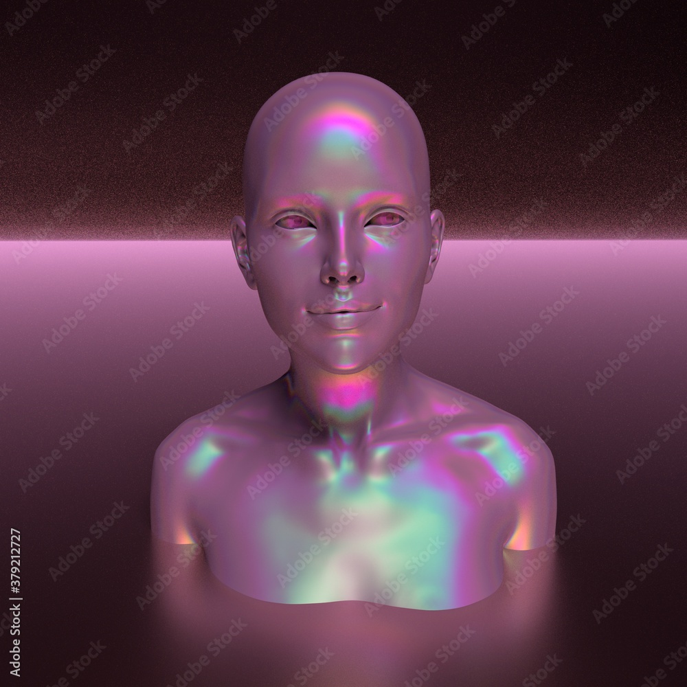 Holographic human bust, robotic head made of glossy iridescent material. 3D render illustration, concept of Artificial intelligence and Futuristic technologies. Holographic human bust, robotic head made of glossy iridescent material. 3D render illustration, concept of Artificial intelligence and Futuristic technologies.