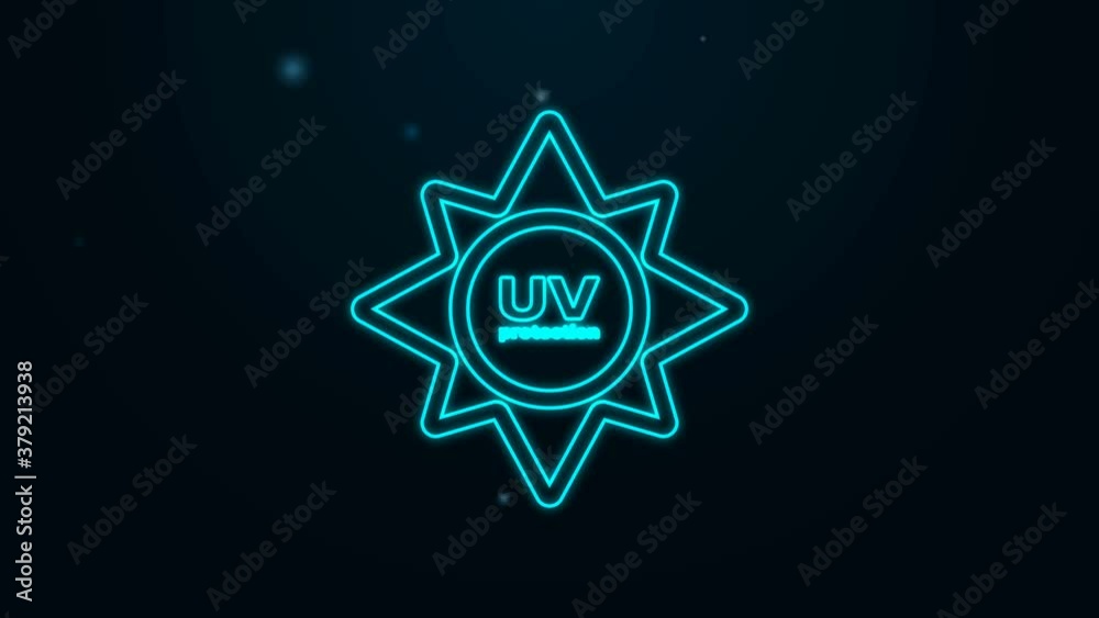 Glowing neon line UV protection icon isolated on black background. Ultra violet rays radiation. SPF sun sign. 4K Video motion graphic animation