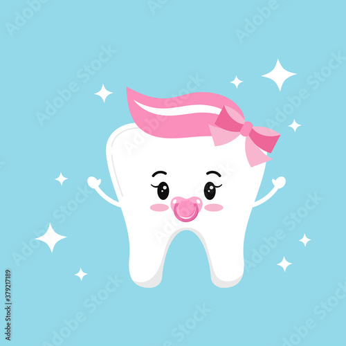 Cute baby tooth girl with pink dummy and bow vector icon isolated on background. Sweet and funny tooth sign. Flat cartoon style first tooth design elements. Vector character illustration.