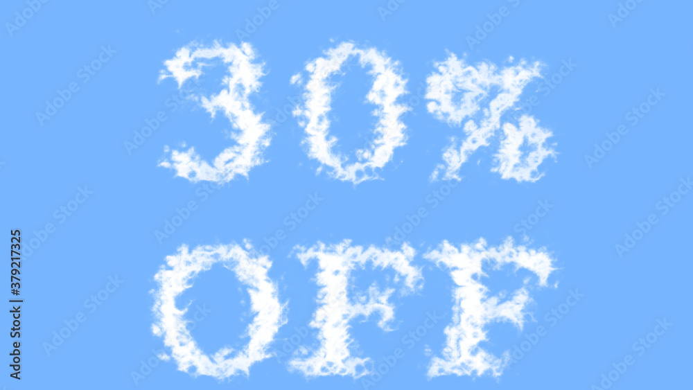 30% Off cloud text effect sky isolated background. animated text effect with high visual impact. letter and text effect. 