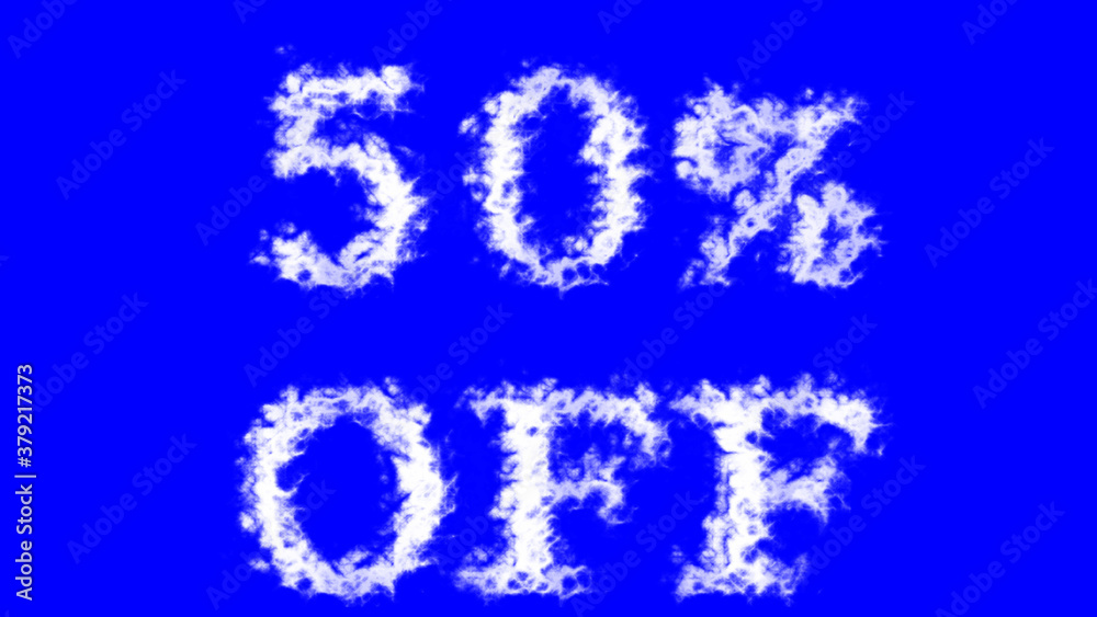 50% Off cloud text effect blue isolated background. animated text effect with high visual impact. letter and text effect. 