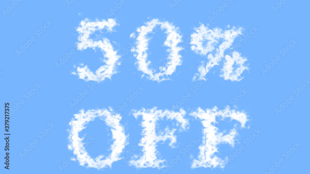 50% Off cloud text effect sky isolated background. animated text effect with high visual impact. letter and text effect. 