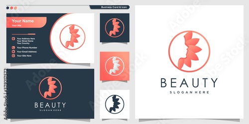 Woman logo with beauty gradient style and business card design Premium Vector