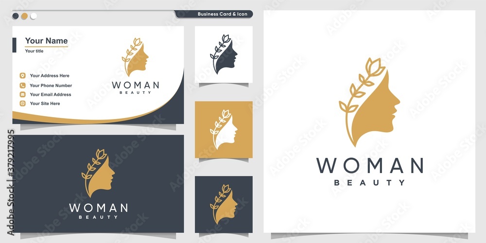 Woman logo with beauty line art style and business card design, vector, flower, modern, Premium Vector Woman logo with beauty line art style and business card design, vector, flower, modern, Premium Vector
