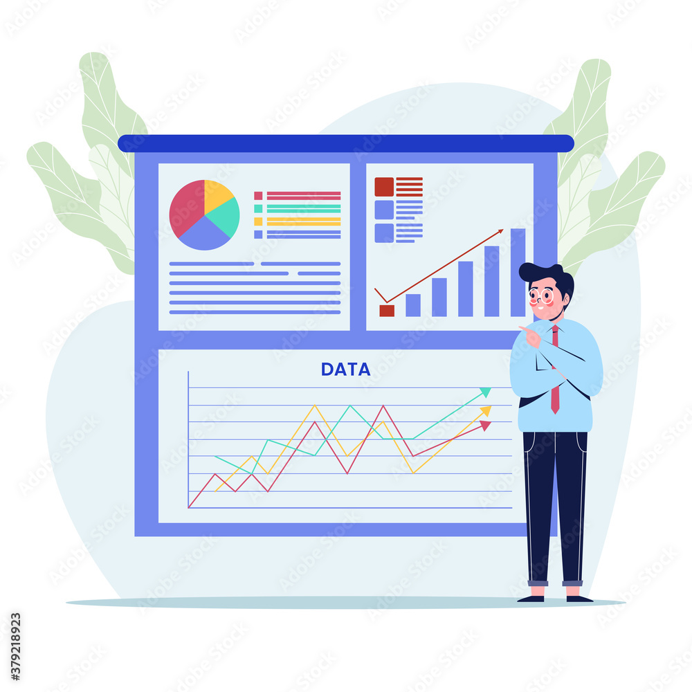 Businessman pointing at charts on a board during business presentation. Happy businessman giving business presentation concept. Flat design vector illustration Businessman pointing at charts on a board during business presentation. Happy businessman giving business presentation concept. Flat design vector illustration