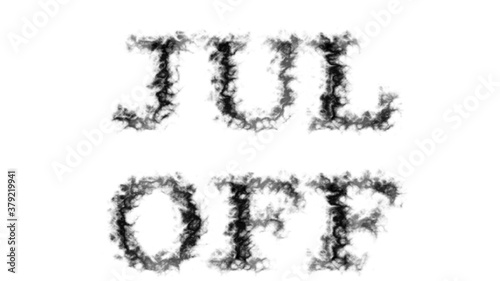 Jul Off smoke text effect white isolated background. animated text effect with high visual impact. letter and text effect. 