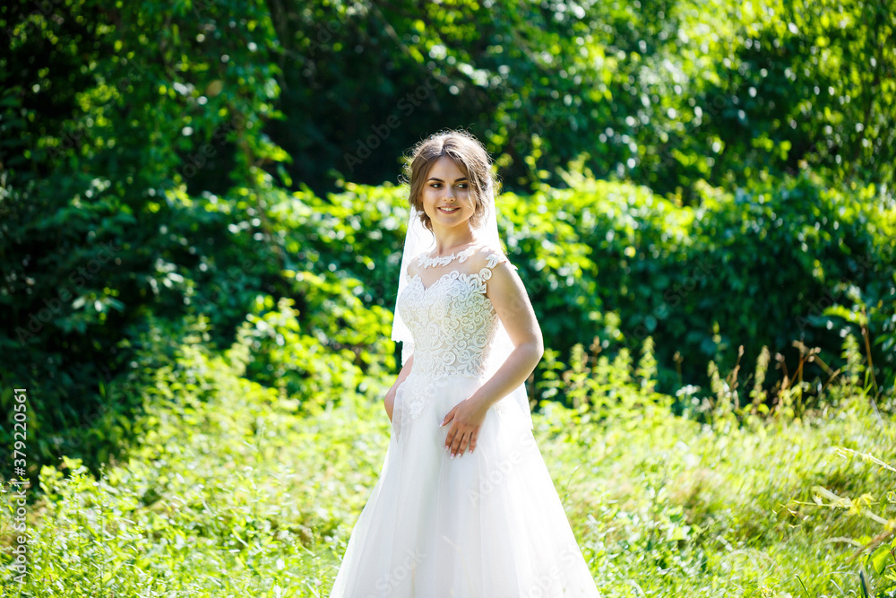 Happy bride in a long white wedding dress and veil in a green park on nature. Wedding image of a young girl, women's makeup and hairstyle. Marriage concept