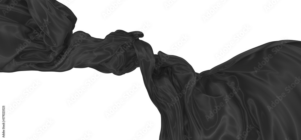 Beautiful flowing fabric of black wavy silk or satin. 3d rendering image.