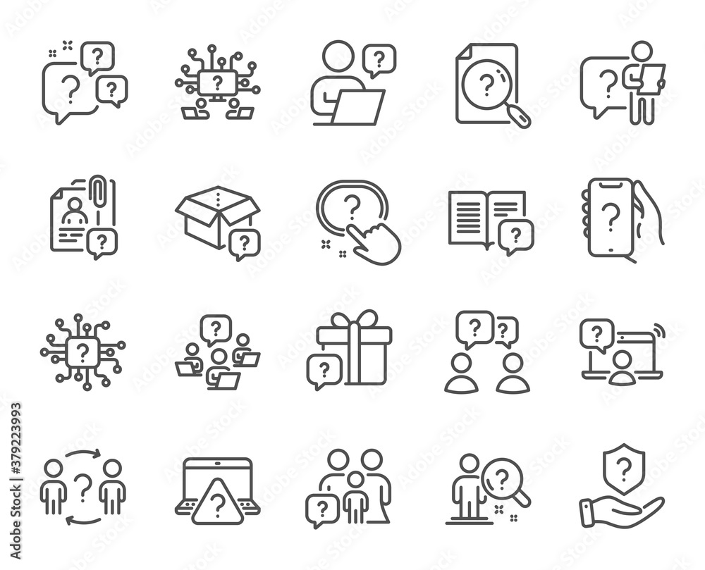 Questions line icons. Artificial intelligence computer, phone with question mark, problem solve. Quiz, faq guide, job interview line icons. Ask person, question bubble, family problem. Vector