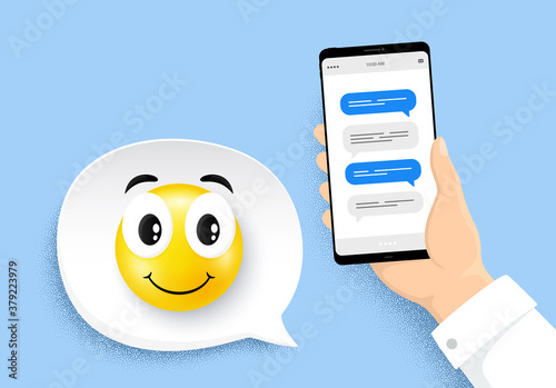 Hand holding phone with online messages. Smartphone with chatting bubbles. Happy smile face. Speech bubbles on cellphone screen. Phone online messages. Messenger conversation. Smile face vector