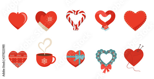 Winter love. Collection of concept icons, elements with red hearts in different shapes: scarf, mug, gift box, mittens and candy. Flat vector icons, isolated on white. Concept Christmas vector design