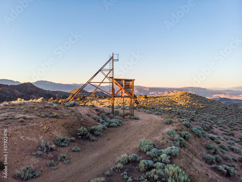 Wooden mining structure head frame on claim in the Nevada desert