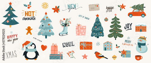 Collection of Christmas decorations, holiday gifts, winter knitted woolen clothes, ginger bread, trees, gifts and penguin. Colorful vector illustration in flat cartoon style.