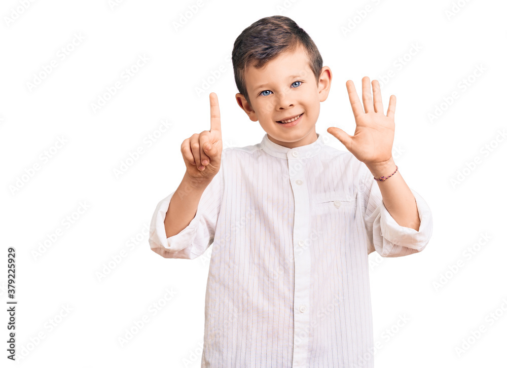 Cute blond kid wearing elegant shirt showing and pointing up with fingers number six while smiling confident and happy. Cute blond kid wearing elegant shirt showing and pointing up with fingers number six while smiling confident and happy.
