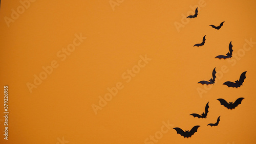 Halloween holiday concept. Black paper bats on bright orange background, top view, flat lay,copy spaes.Celebration of the dead. © Komchatnykh Tetiana
